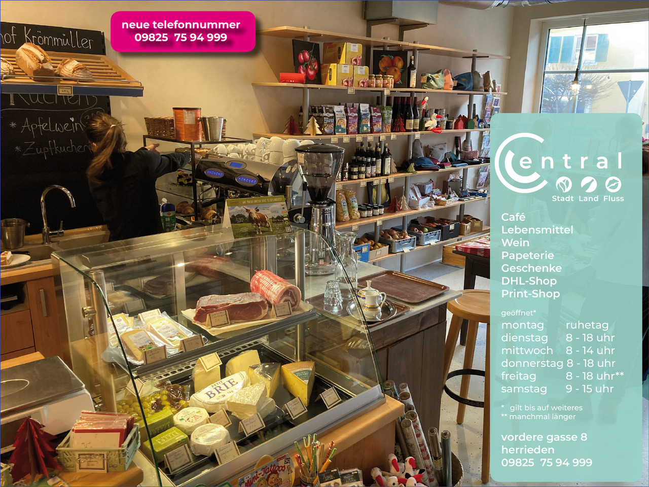 Cafe Lebensmittel Wein Papeterie Geschenke DHL-Shop Print-Shop